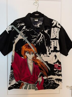 Vintage Anime Shirt Mens Rurouni Kenshin Y2K Sword All Over Print Sz. L/XL